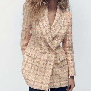 Zara Peach & Cream Tweed Double-Breasted Blazer